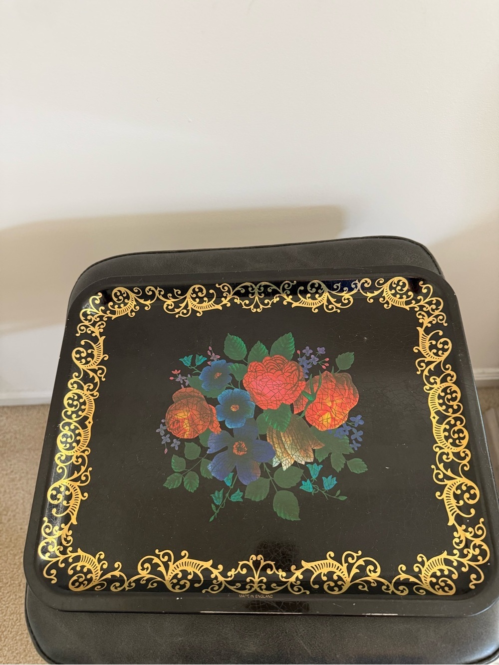 Floral Decorative Vintage Metal Tray with Gold Scroll Border Made in Great Brita